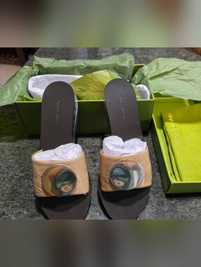 Tory Burch Nude Tan Slide Sandals with Silver Medallions
